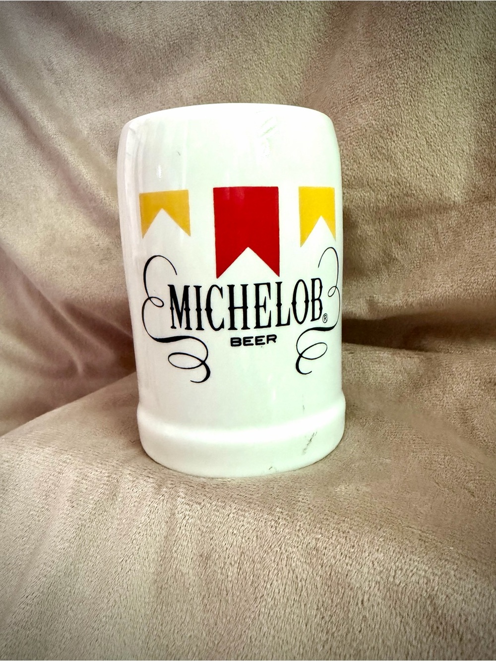 Michelob White Ceramic Beer Stein with Red and Yellow Banner Accents